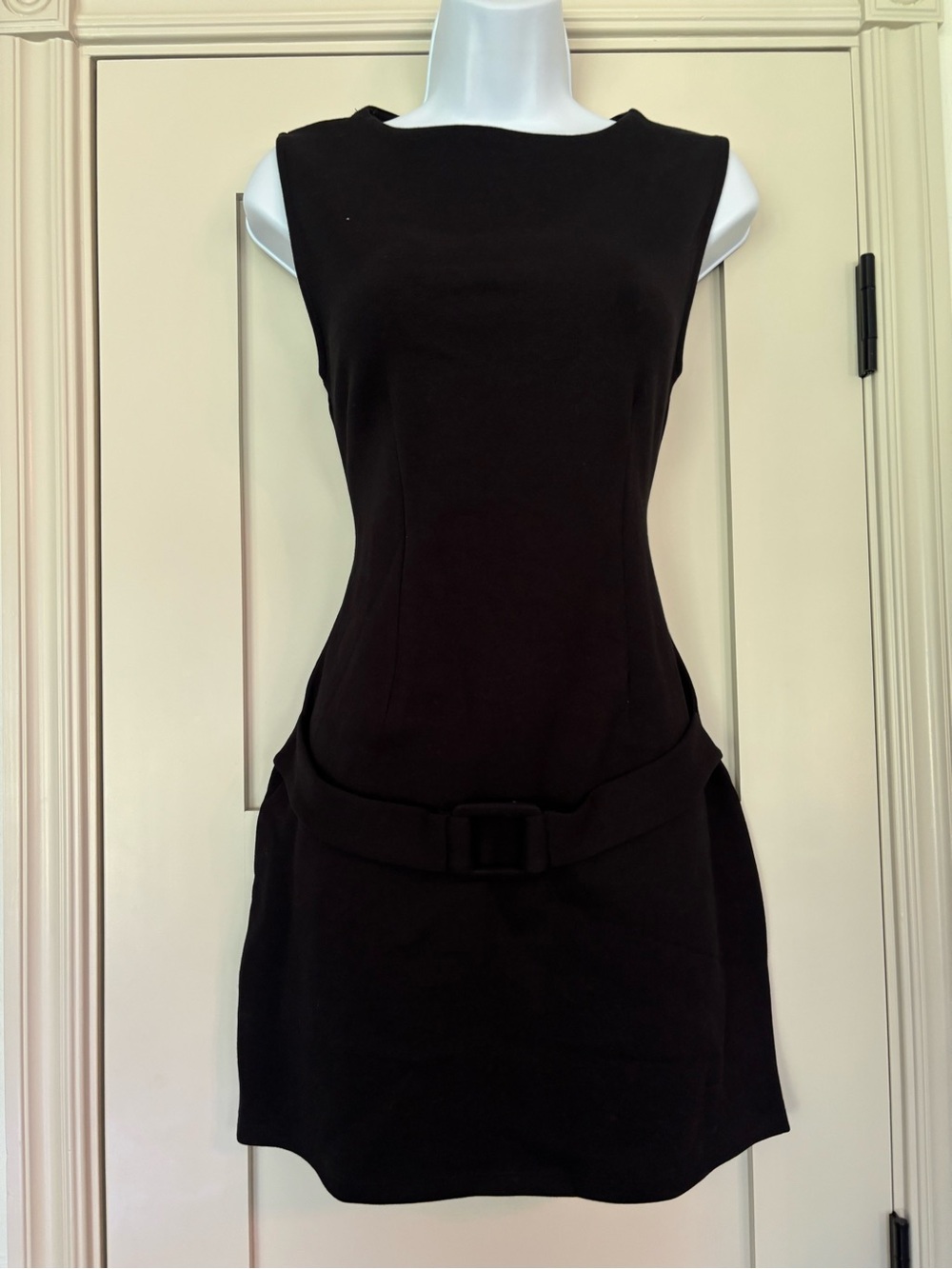 ZARA Y2K Black Belted Boatneck Bodycon Drop Waist Mini Dress Size L